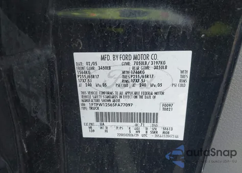 2005 Ford F-150 Lariat/Xlt z USA, uszkodzony, nr VIN 1FTPW12565FA77097